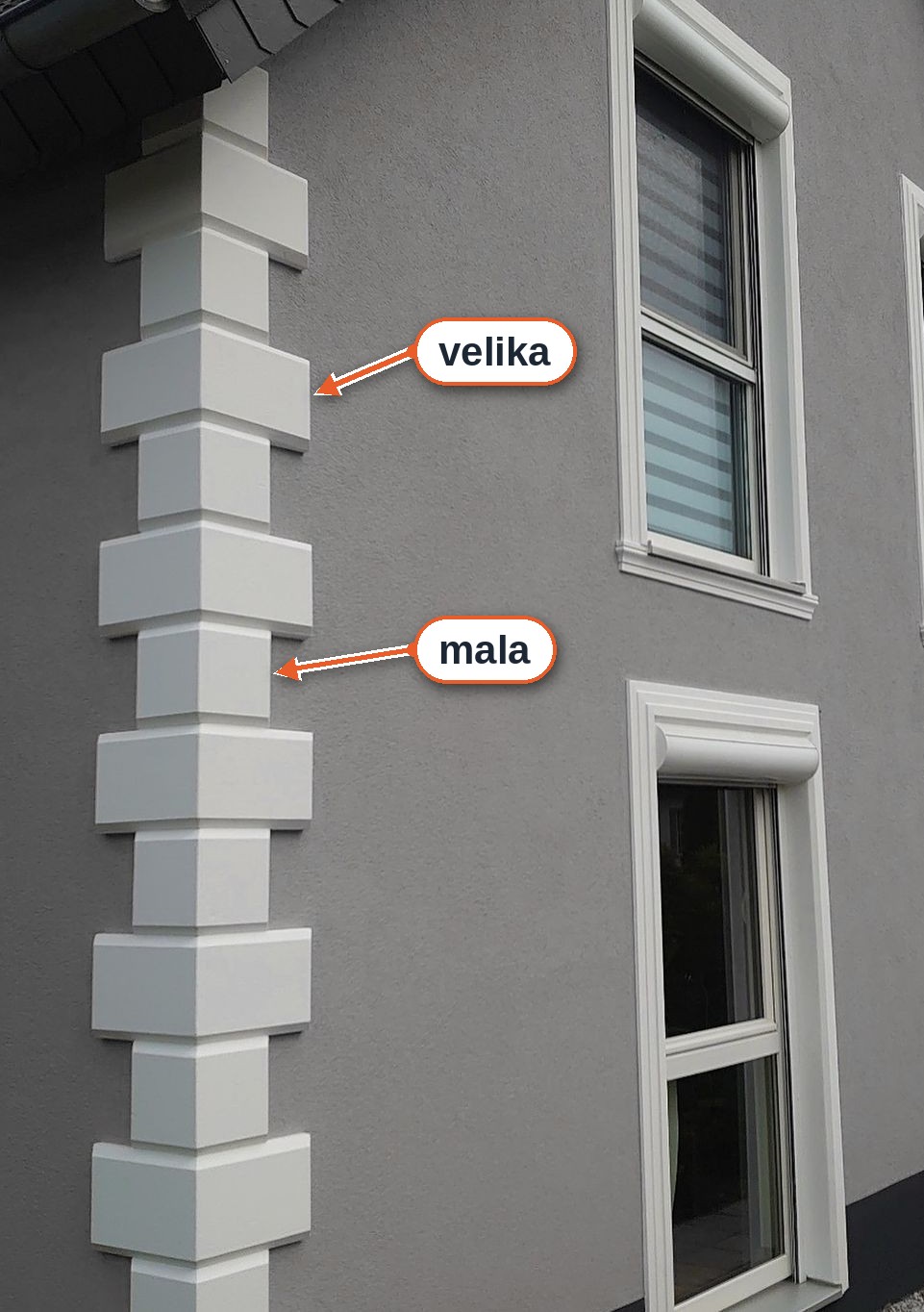 Fasadne kocke sa gerom na uglu kuće, velika i mala kocka